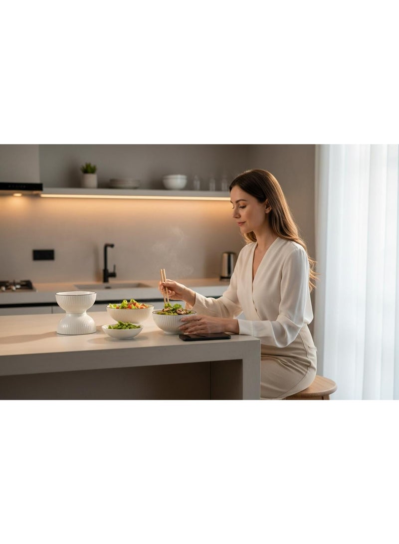 White ceramic bowl set, 6 pieces with black rim – 12 cm diameter – stylish striped design – ideal for soup, salad, and desserts - Image 2